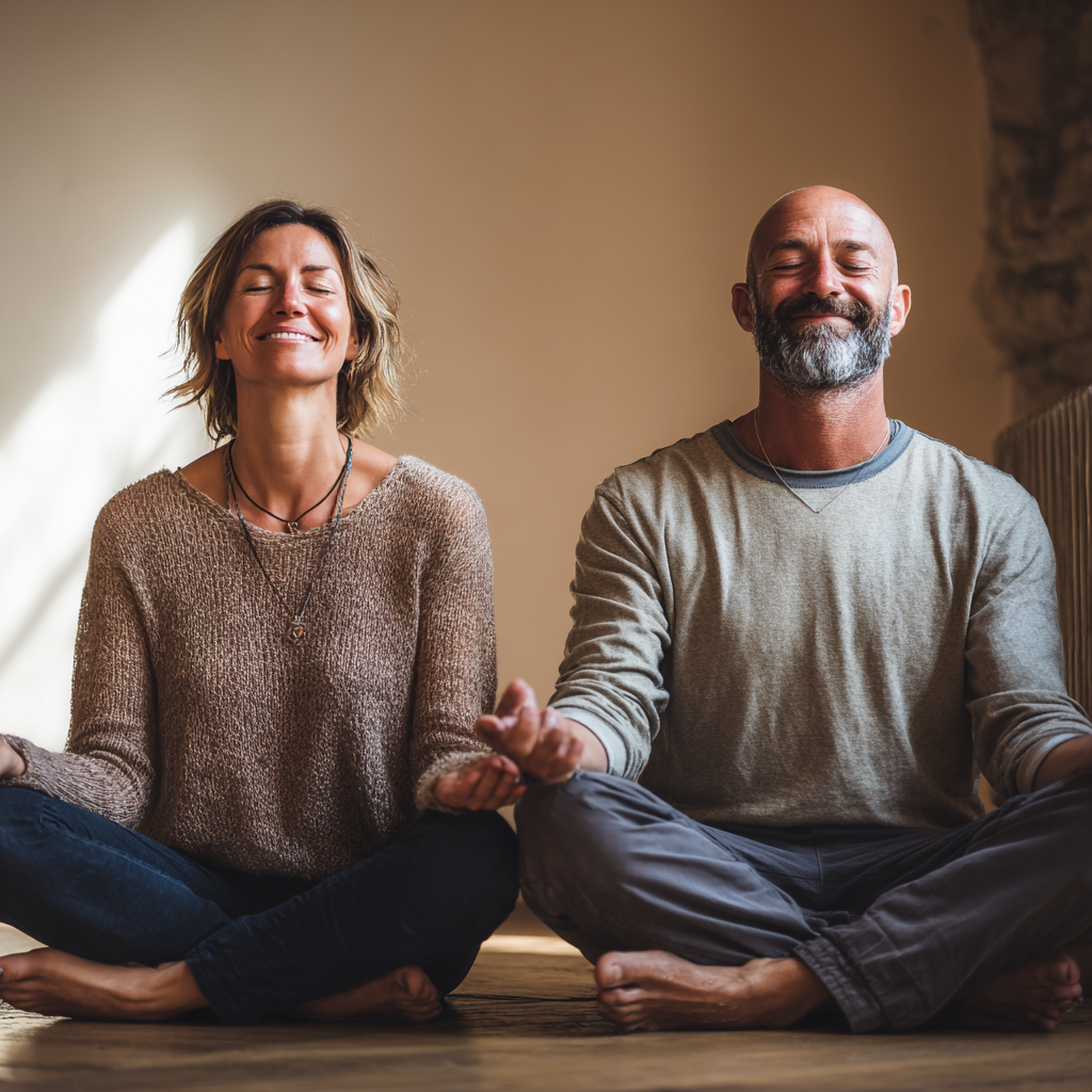 Група людей європейської зовнішності різного віку виконує йогу на свіжому повітрі, всі усміхаються, реалістичний стиль