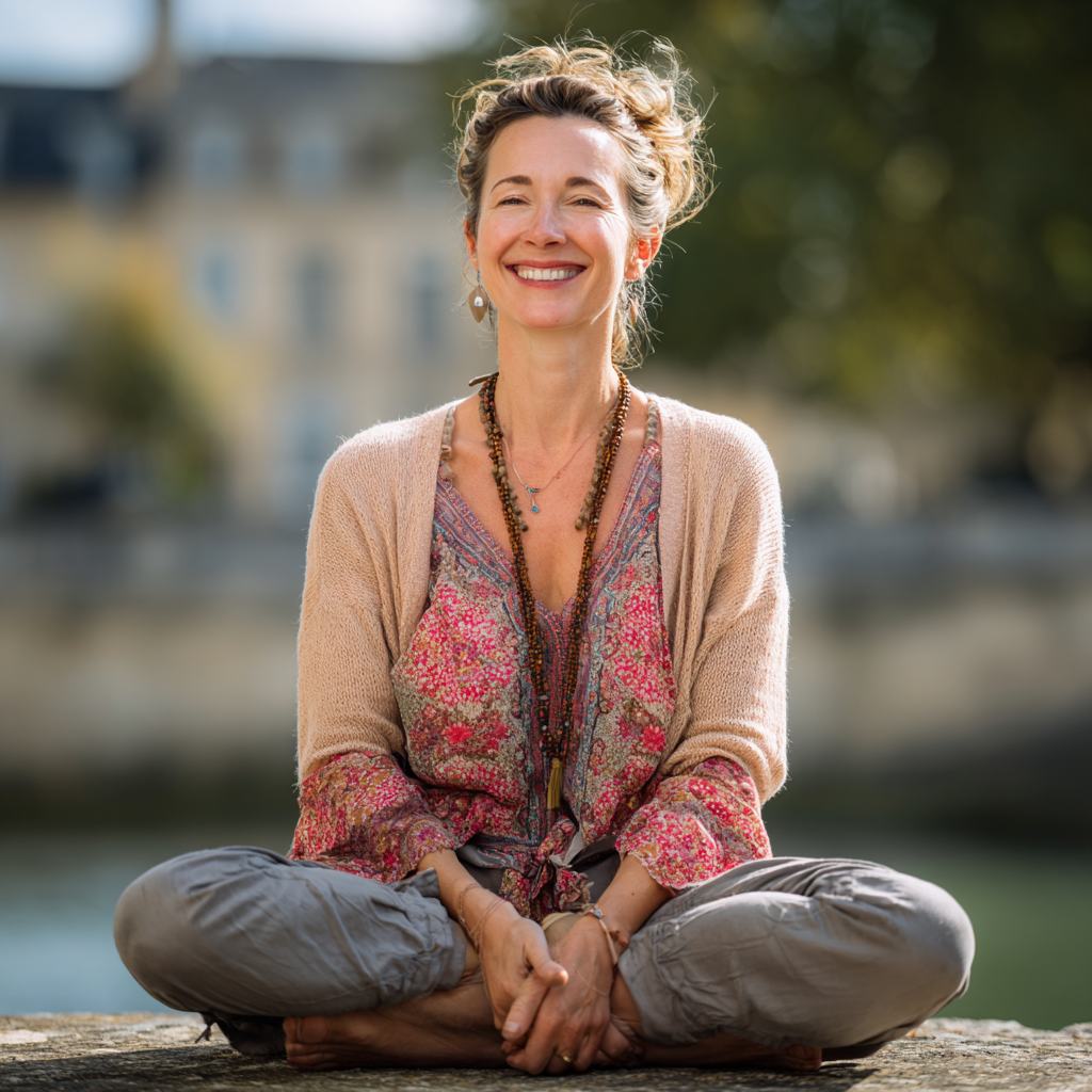 Інструктор демонструє асану йоги, європейська зовнішність, усміхається, професійна студія, реалістичний стиль